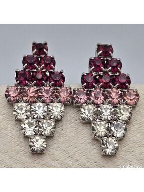 Diamond Rhinestone Stud Earrings Sparkly Purple Pink Clear Vintage Jewelry